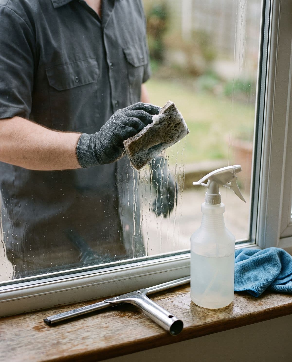 A gloved hand working a soapy scrub pad across a window pane, water sheeting down the glass, a squeegee and spray bottle resting on the sill