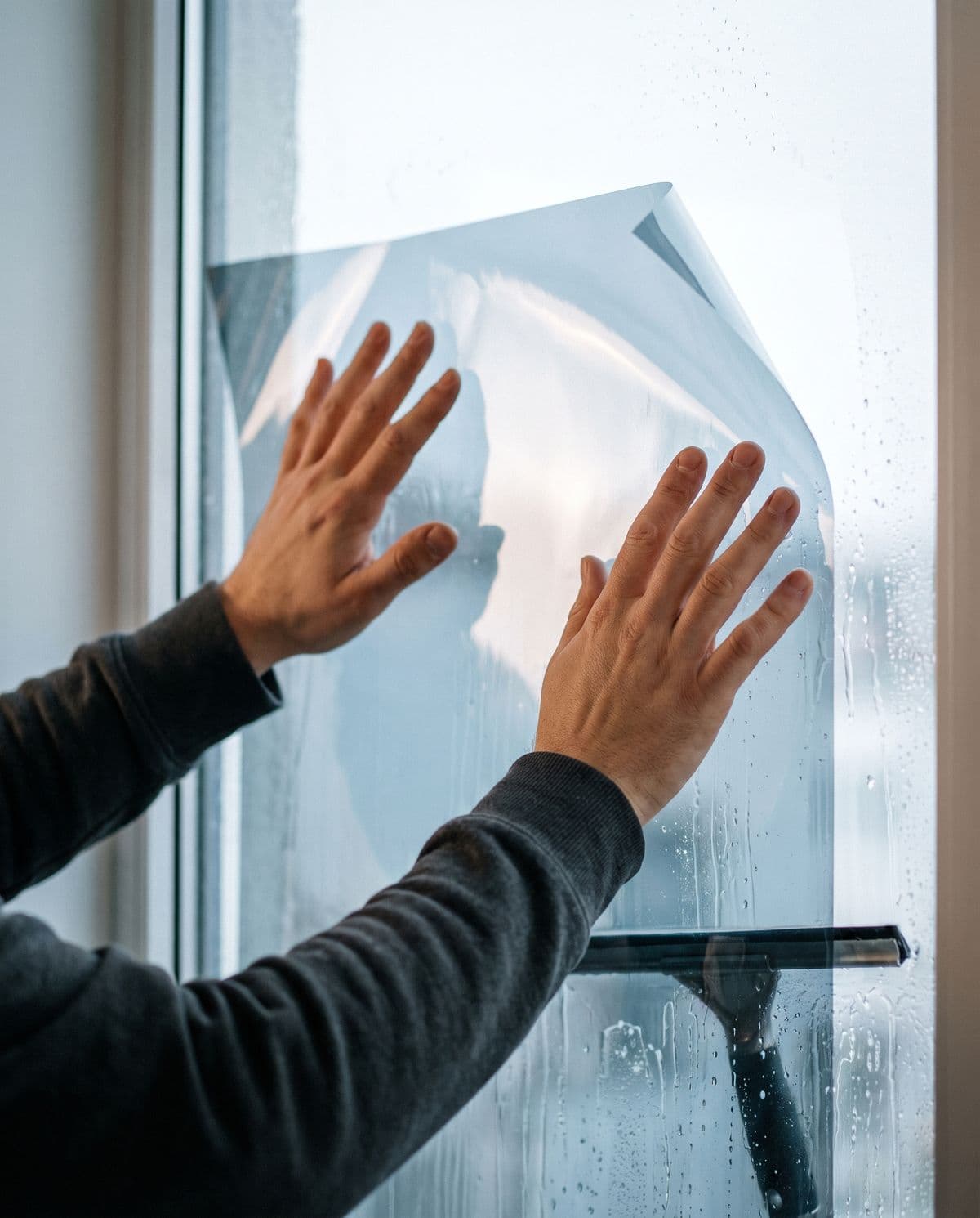 Two hands positioning a large sheet of window film onto wetted glass, fingers spread to hold the sheet flat and free of creases
