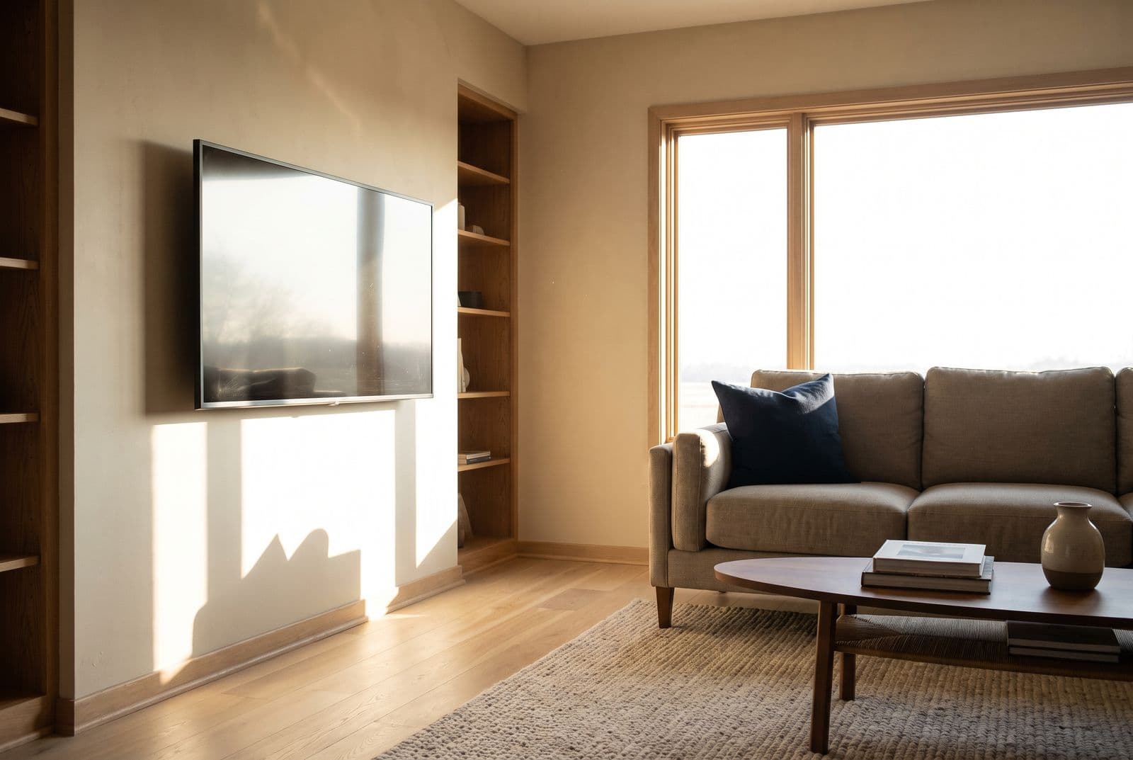 Late afternoon sun pouring through untreated west-facing windows, throwing hard glare bands across a wood floor and washing out a wall-mounted television