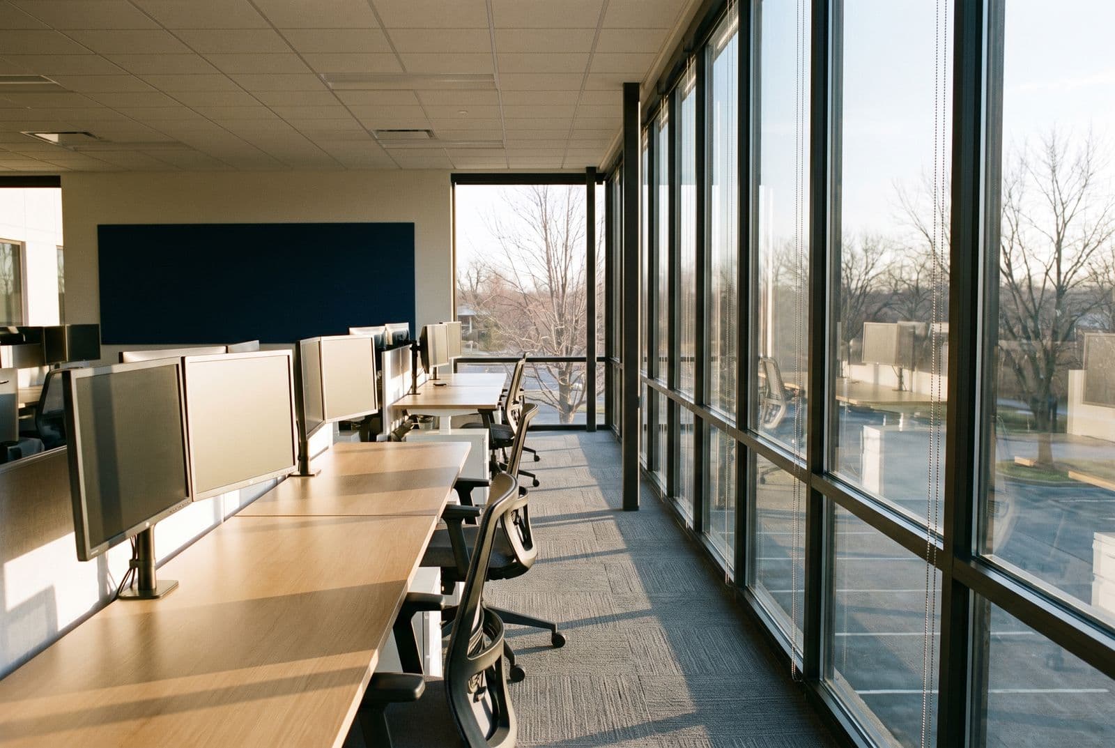 An open-plan office with a full-height window wall, low afternoon sun raking across desks and throwing glare onto monitor screens